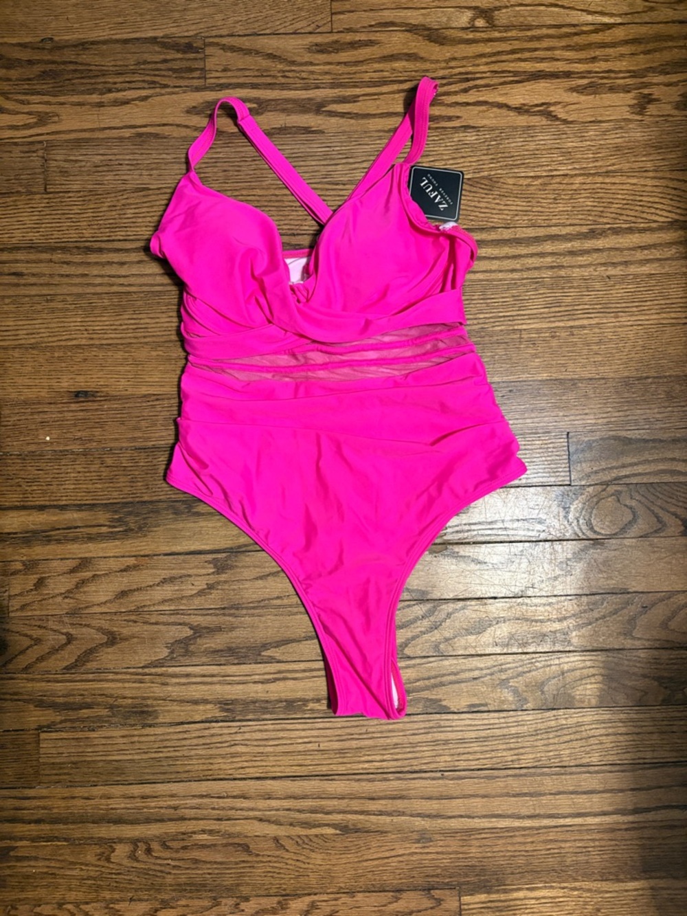 Swimsuit Zaful Bright Hot Pink One-Piece  with Sheer Waist Panels